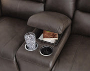 Ashley Furniture Boxmere living room set with detailed console table, featuring dark wood finish and elegant design.