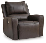 Ashley Furniture Boxmere Power Recliner, closed angle view showcasing plush fabric, padded armrests, and sleek design.