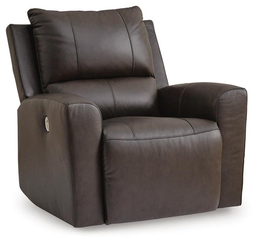 Ashley Furniture Boxmere Power Recliner, closed angle view showcasing plush fabric, padded armrests, and sleek design.