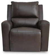 Ashley Furniture Boxmere Power Recliner with plush fabric, head-on view showing armrests and reclining mechanism.