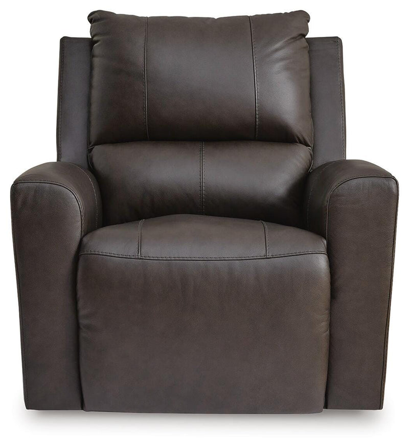 Ashley Furniture Boxmere Power Recliner with plush fabric, head-on view showing armrests and reclining mechanism.