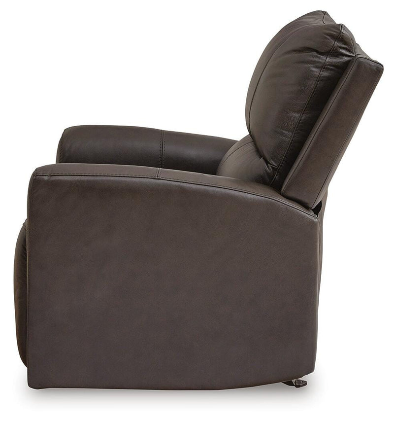 Ashley Furniture Boxmere Power Recliner shown from the side with plush cushioning and a modern design.