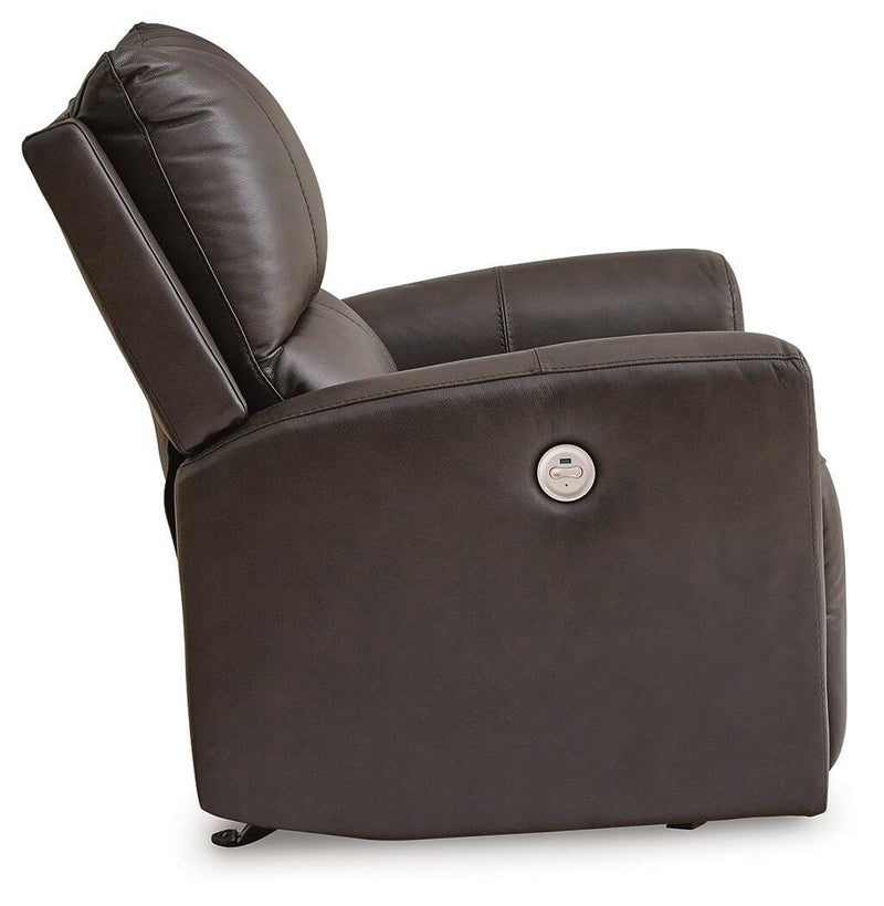 Ashley Furniture Boxmere power recliner with plush upholstery and side control panel, shown from the side view.