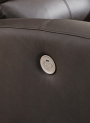 Ashley Furniture Boxmere living room set with sofa, loveseat, and armchair featuring USB ports and contemporary design.