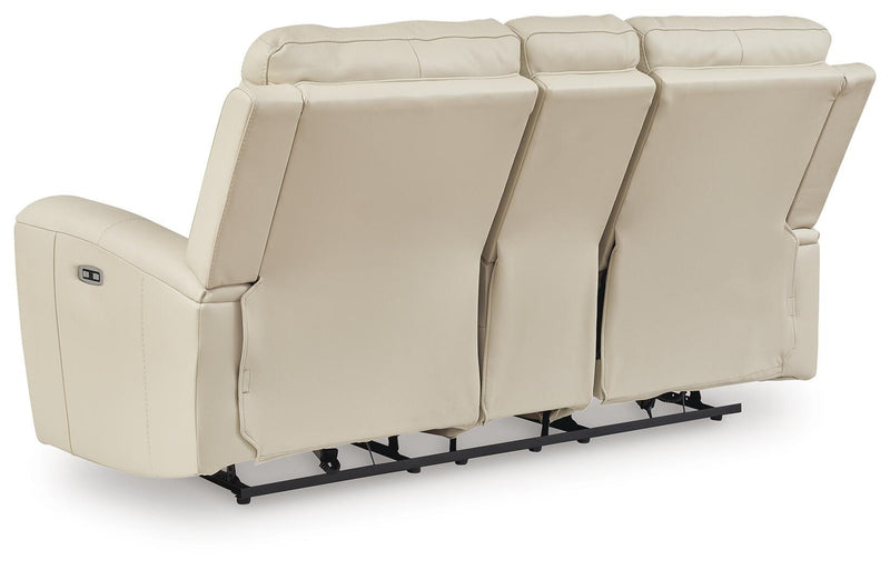 Ashley Furniture Dahlmoore power reclining loveseat with console, showing the back view with plush upholstery and reclining mechanisms.