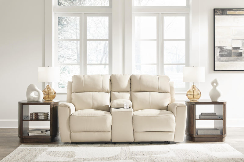 Ashley Furniture Dahlmoore power reclining loveseat with console, featuring plush fabric and built-in cup holders.