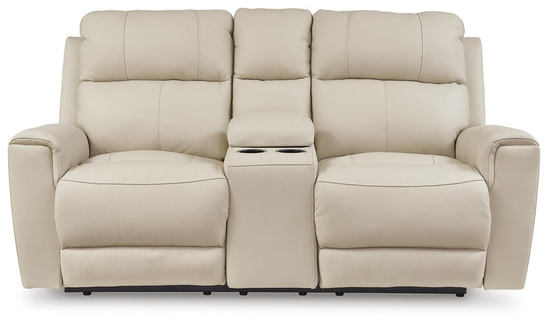 Ashley Furniture Dahlmoore power reclining loveseat with console, showing plush fabric, built-in cup holders, and reclined seating.