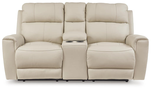 Ashley Furniture Dahlmoore power reclining loveseat with console, showing plush fabric, built-in cup holders, and reclined seating.