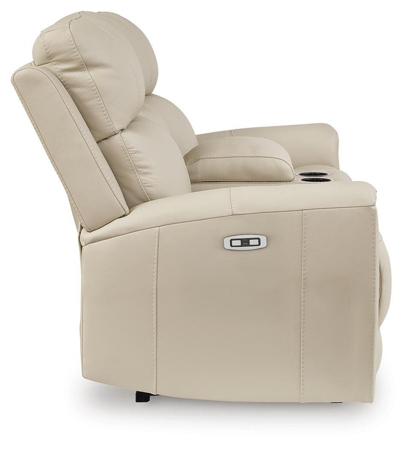 Ashley Furniture Dahlmoore power reclining loveseat with console, showing plush cushions and side view of the reclining feature.
