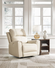 Ashley Furniture Dahlmoore Power Recliner in dark fabric, showing the closed reclined position with plush cushioning and armrests.