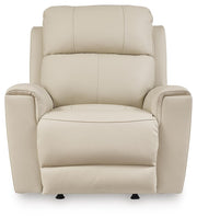 Ashley Furniture Dahlmoore power recliner with plush fabric and padded armrests, shown from a front head-on view.