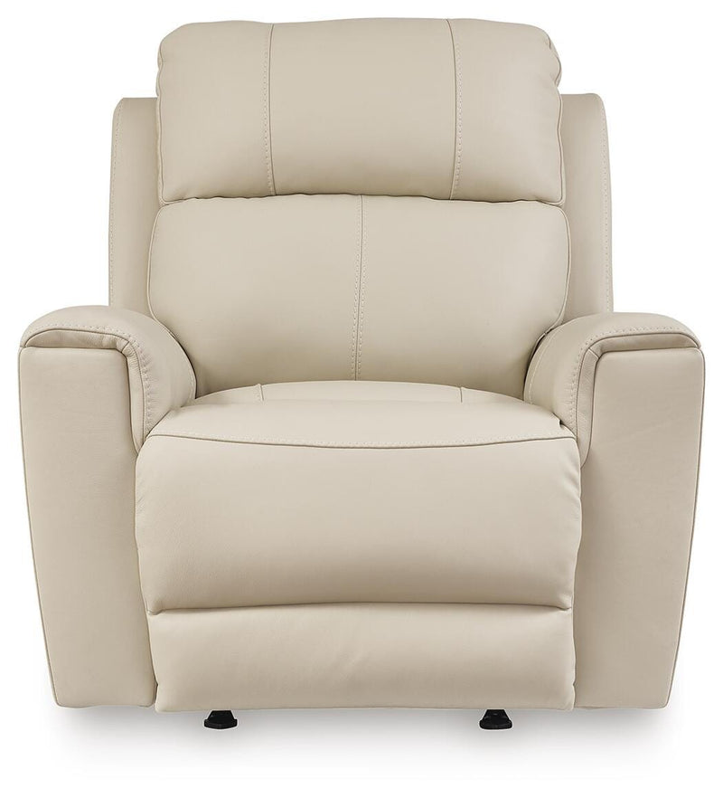 Ashley Furniture Dahlmoore power recliner with plush fabric and padded armrests, shown from a front head-on view.