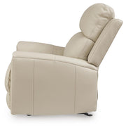 Ashley Furniture Dahlmoore power recliner in beige fabric, showing side view with plush cushioning and recline mechanism.