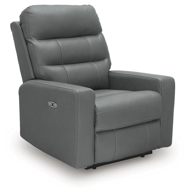 Ashley Furniture Pennacle Pier power recliner in closed position, featuring plush upholstery and a sturdy frame.