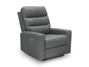 Ashley Furniture Pennacle Pier Power Recliner in closed position, showcasing plush upholstery and stylish design from an angled view.