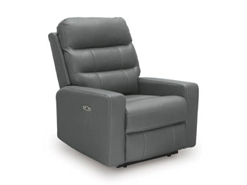 Ashley Furniture Pennacle Pier Power Recliner in closed position, showcasing plush upholstery and stylish design from an angled view.