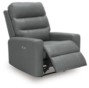 Ashley Furniture Pennacle Pier power recliner, open angle view showing plush fabric and reclining mechanism.
