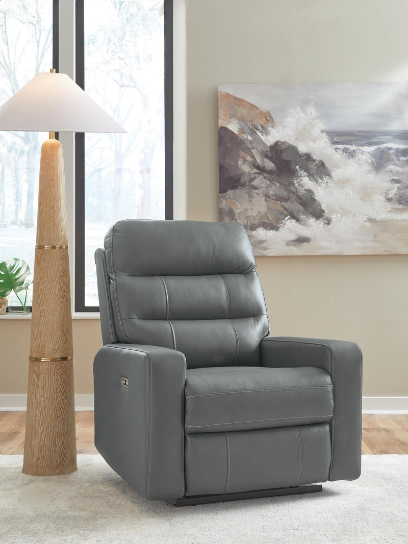 Ashley Furniture Pennacle Pier power recliner in closed position, featuring plush upholstery and a sturdy frame.