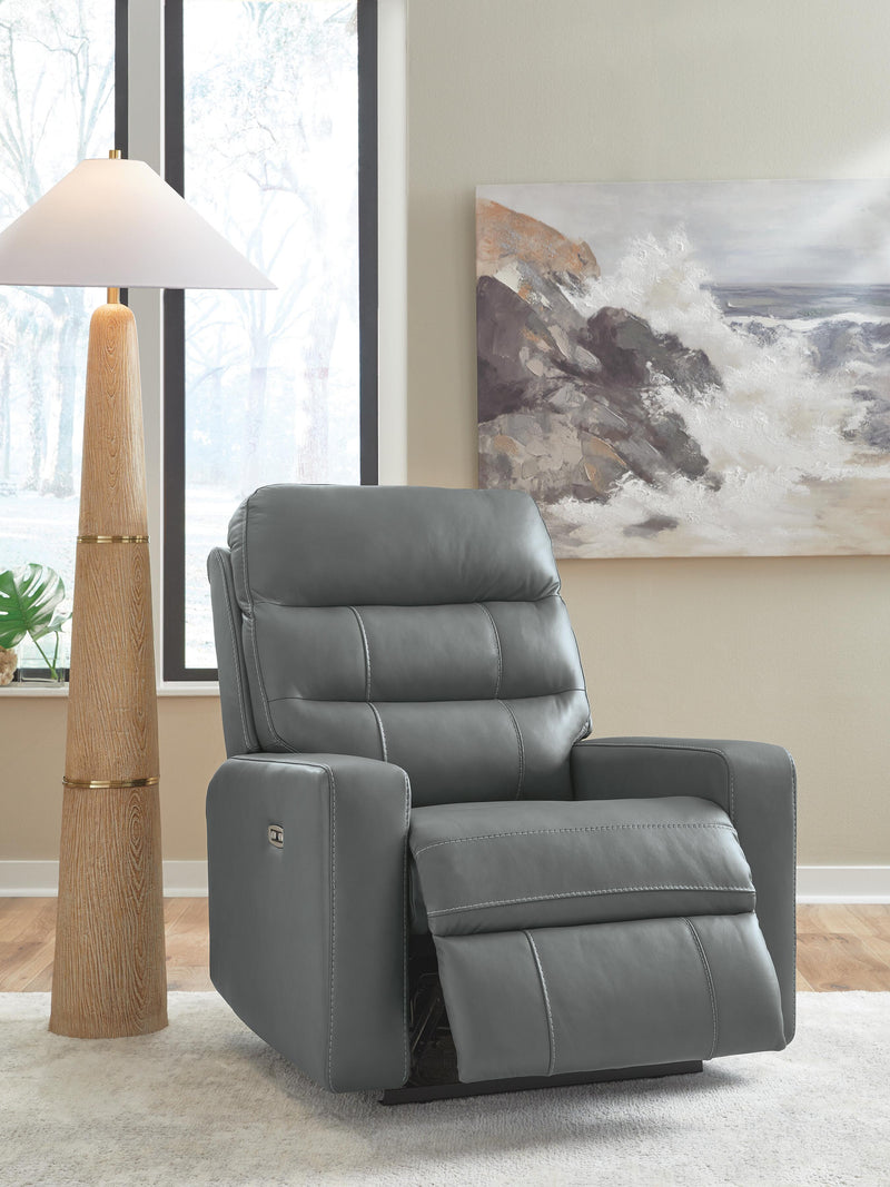 Ashley Furniture Pennacle Pier power recliner in open position, showcasing plush upholstery and reclining mechanism.