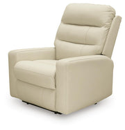 Ashley Furniture Pennacle Pier power recliner shown from an angle, featuring plush upholstery and a closed recline position.
