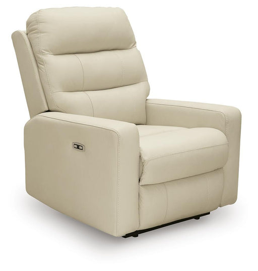 Ashley Furniture Pennacle Pier Power Recliner in a closed position, featuring plush upholstery and a supportive headrest.