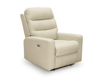 Ashley Furniture Pennacle Pier power recliner in closed angle view, showcasing plush upholstery and reclining mechanism.