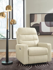 Ashley Furniture Pennacle Pier power recliner with plush cushioning and dark brown upholstery, shown in a closed reclining position.