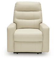 Ashley Furniture Pennacle Pier Power Recliner with plush upholstery and adjustable headrest, shown from a head-on view.