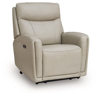 Ashley Furniture Pincara Power AutoGlide Recliner in a dark fabric, shown from a side angle with the reclined footrest extended.