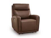 Ashley Furniture Pincara Power AutoGlide Recliner in dark brown leather, shown from an angled view with closed recline.
