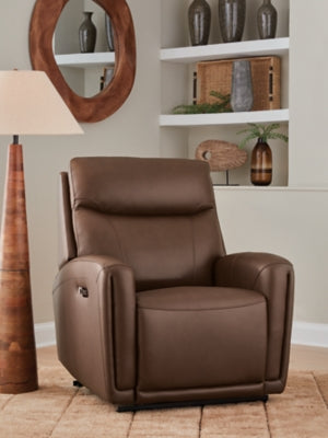 Ashley Furniture Pincara Power AutoGlide Recliner in dark brown leather with plush cushioning and a modern design.