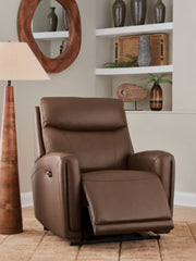 Ashley Furniture Pincara Power AutoGlide Recliner in brown leather, shown in open position with plush cushioning and modern design.