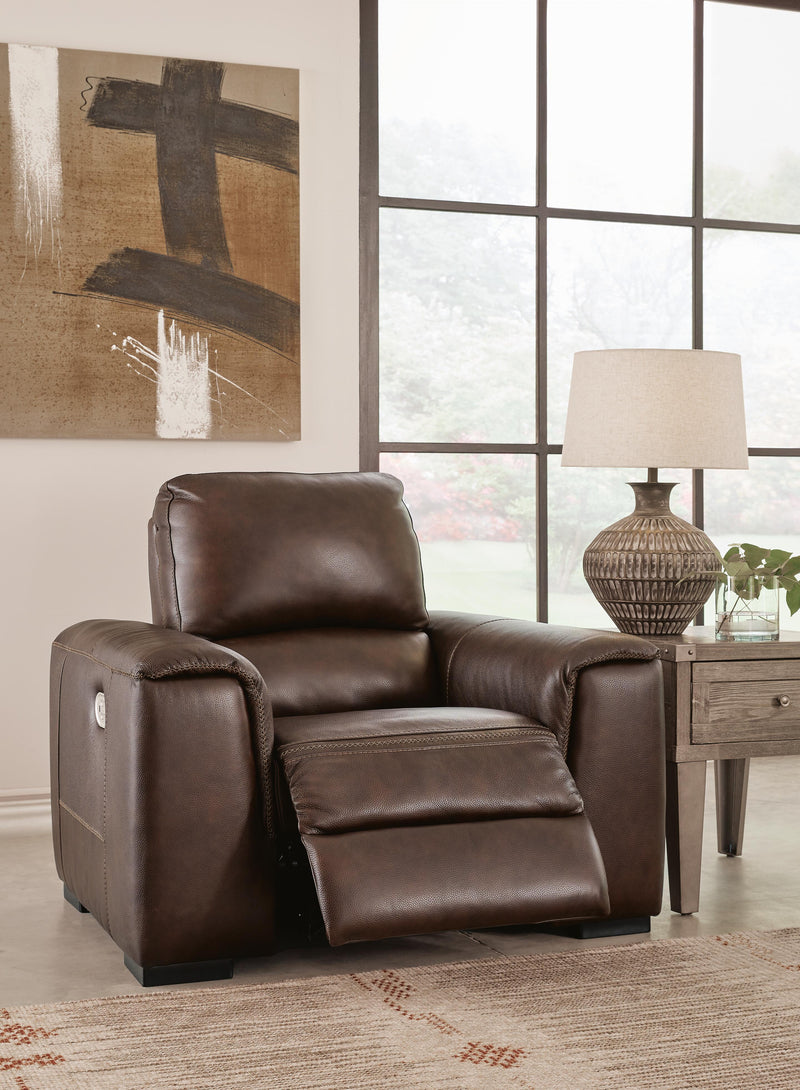 Open Ashley Furniture Alessandro Power Recliner showing plush upholstery, built-in control panel, and padded armrests.