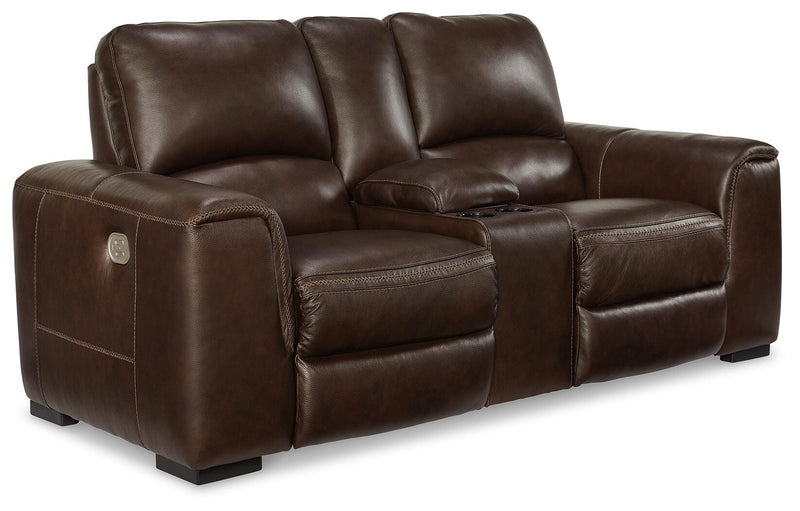 Ashley Furniture Alessandro Power Reclining Loveseat with Console, shown from an angled view, featuring plush upholstery and built-in cupholders.
