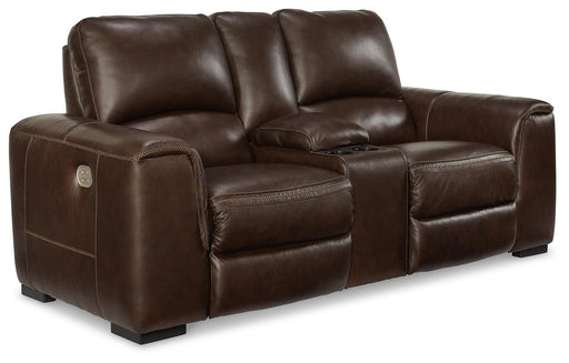 Ashley Furniture Alessandro Power Reclining Loveseat with Console, shown from an angled view, featuring plush upholstery and built-in cupholders.