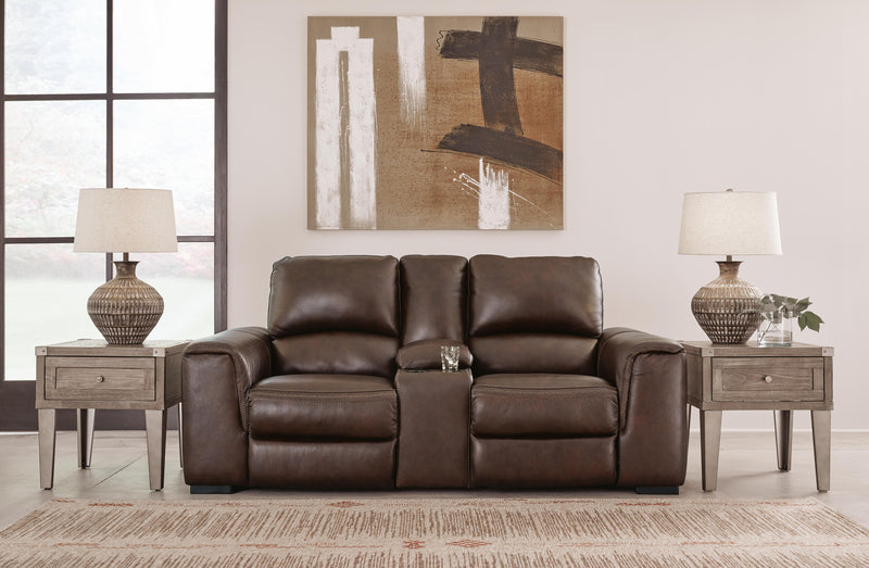 Ashley Furniture Alessandro power reclining loveseat with console, featuring plush upholstery and built-in cup holders.