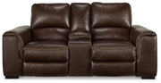 Ashley Furniture Alessandro power reclining loveseat with console, featuring plush upholstery and built-in cup holders.