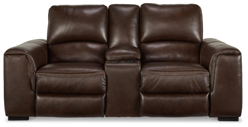 Ashley Furniture Alessandro power reclining loveseat with console, featuring plush upholstery and built-in cup holders.
