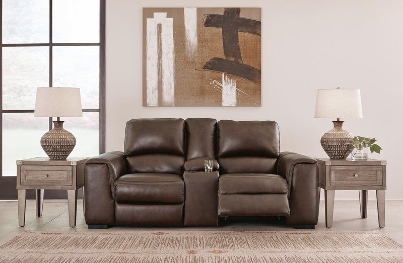 Ashley Furniture Alessandro Power Reclining Loveseat with Console, showing open position with plush cushions and built-in cup holders.