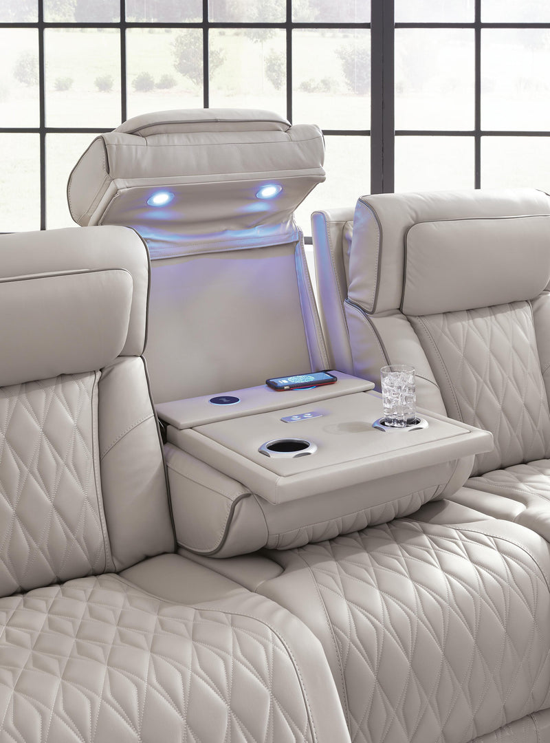 Ashley Furniture Boyington Power Reclining Sofa with plush upholstery and reclining features, shown in a detailed view.