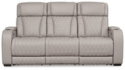 Ashley Furniture Boyington Power Reclining Sofa with plush cushions and reclining features, shown from a head-on perspective.