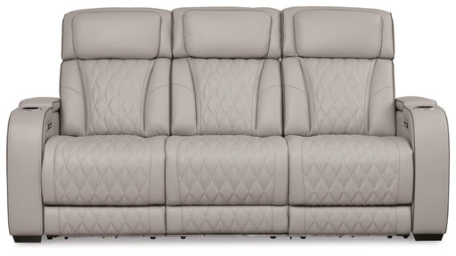 Ashley Furniture Boyington Power Reclining Sofa with plush cushions and reclining features, shown from a head-on perspective.