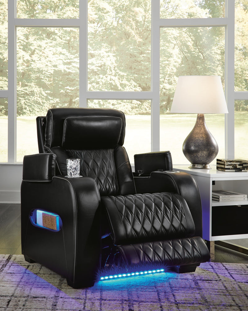 Boyington Power Recliner by Ashley Furniture, showing plush upholstered armchair with recline feature and padded cushioning.