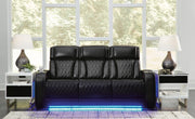 Ashley Furniture Boyington Power Reclining Sofa in dark leather with plush cushions, showing its sleek design and reclining features.