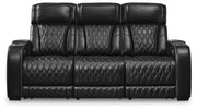 Boyington Power Reclining Sofa by Ashley Furniture, showing a close-up of the sofa's headrest and reclining mechanism.
