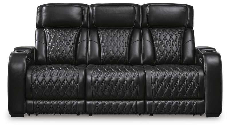 Boyington Power Reclining Sofa by Ashley Furniture, showing a close-up of the sofa's headrest and reclining mechanism.