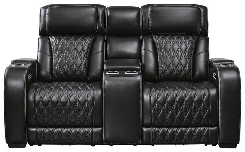 Boyington Power Reclining Loveseat with Console by Ashley Furniture, showing plush fabric, reclining feature, and built-in center console.