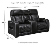 Boyington Power Reclining Loveseat with Console by Ashley Furniture, showing plush upholstery and built-in cup holders.
