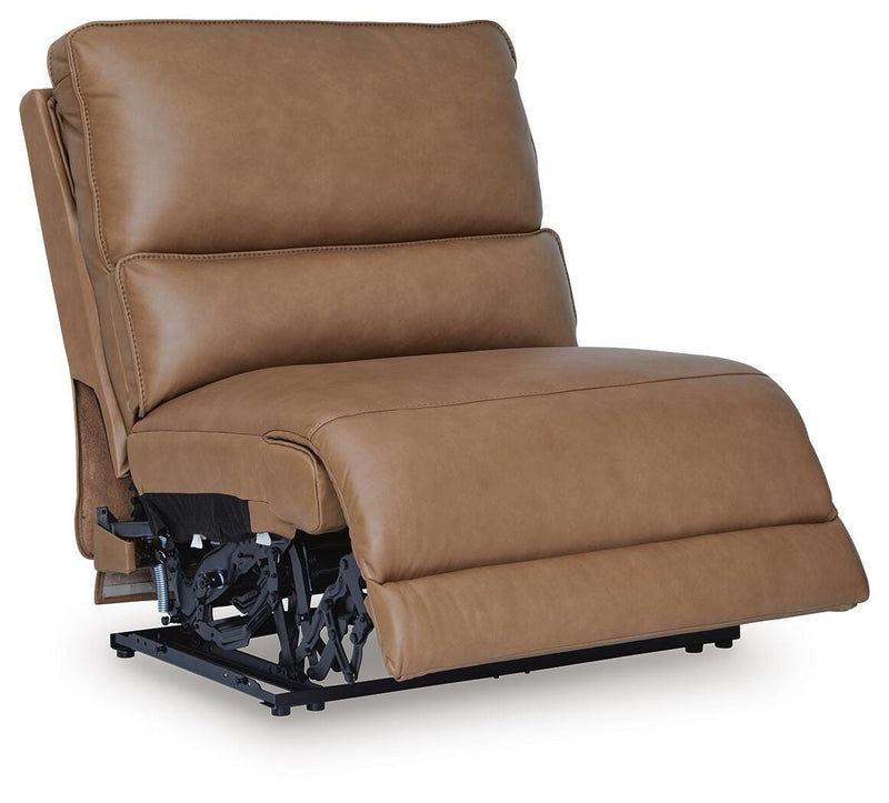 Ashley Furniture DeepWakes reclining sectional with storage console, showing open chaise with cushions and fabric upholstery.