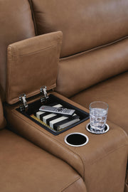 Close-up of Ashley Furniture DeepWakes reclining sectional with storage console, showcasing plush fabric and built-in storage feature.